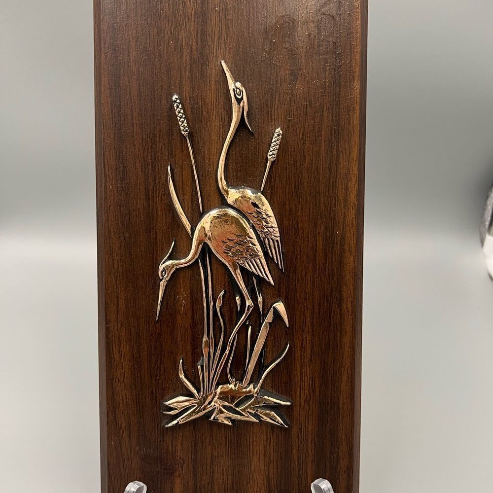 Vintage Wood Plaque with Brass Herons 60s mid century - Picture 3 of 5